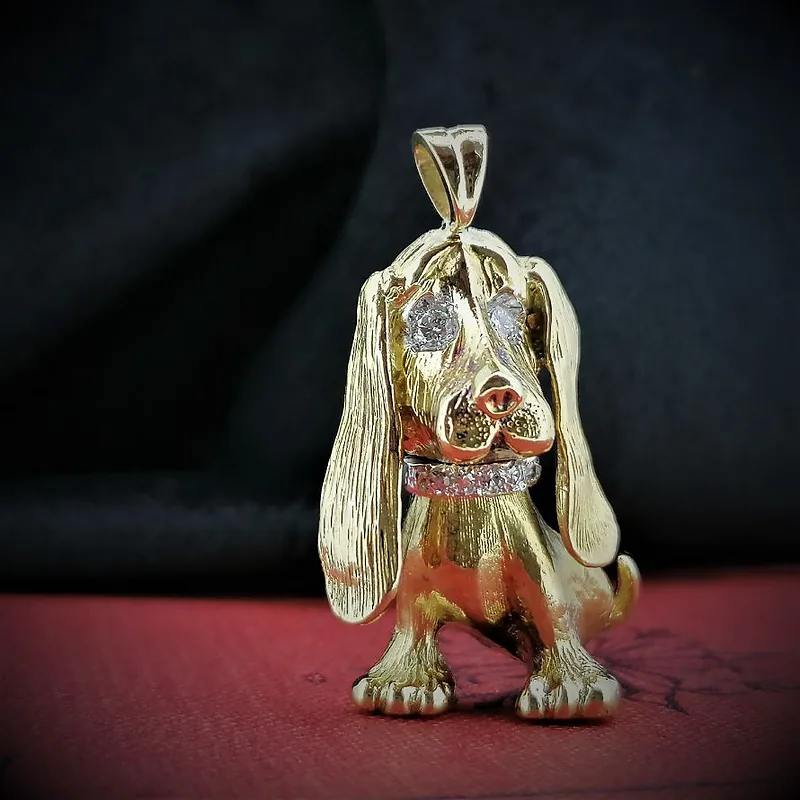 18ct Gold Basset Dog Pendant with Diamond Eyes