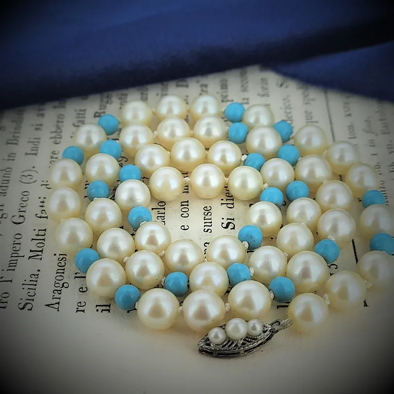 Vintage White Pearl and Turquoise Necklace