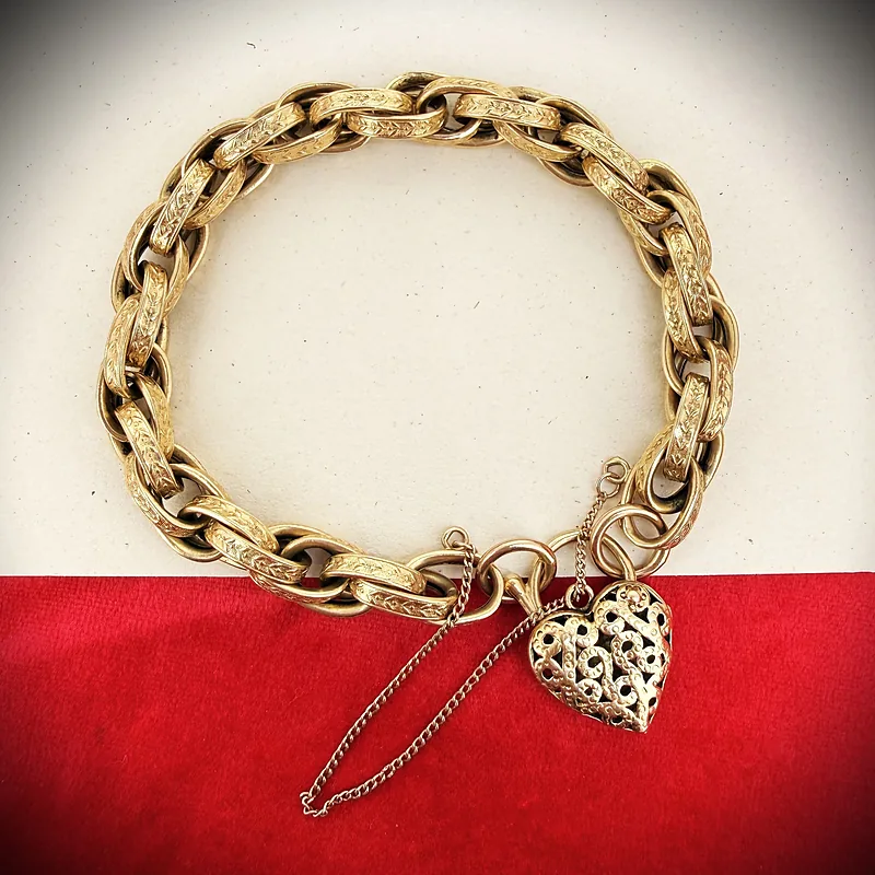Vintage 9ct Yellow Gold Engraved Link Charm Bracelet  — image 1