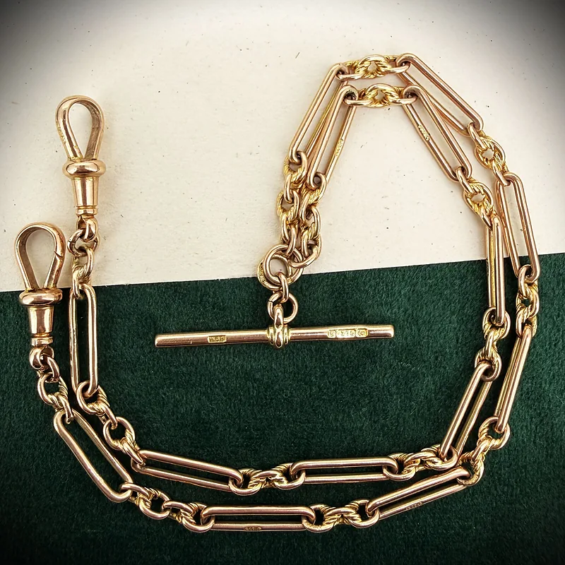 Antique 9ct Rose Gold Trombone Link Albert Chain