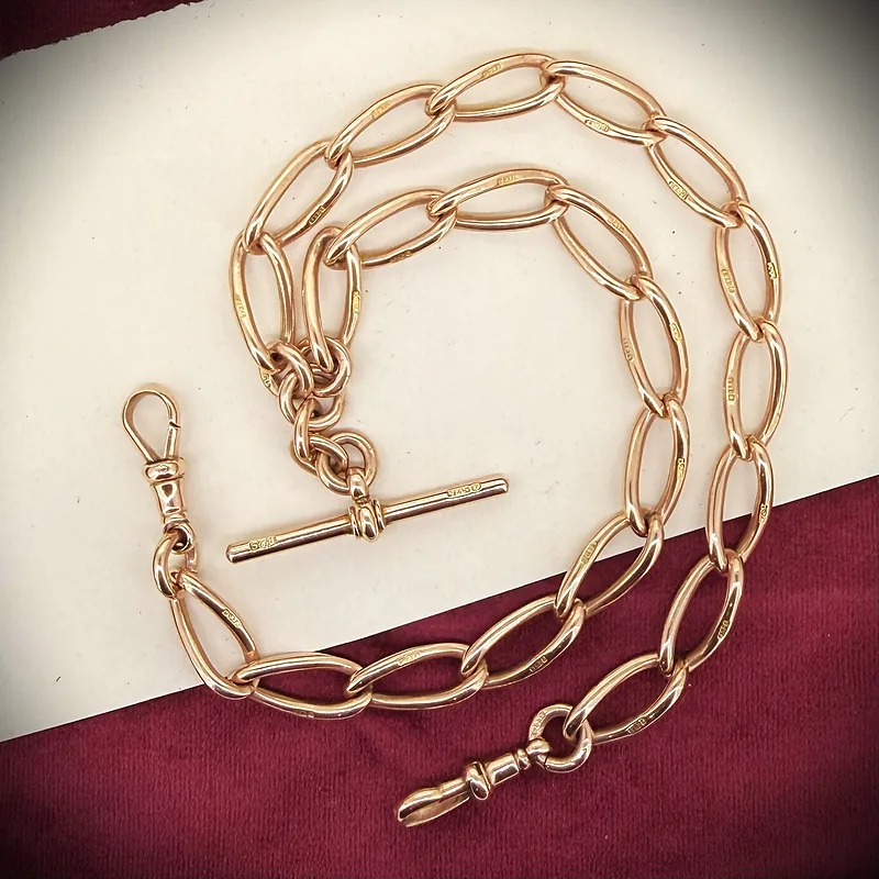 Antique 9ct Rose Gold Twisted Oval Curb Albert Chain