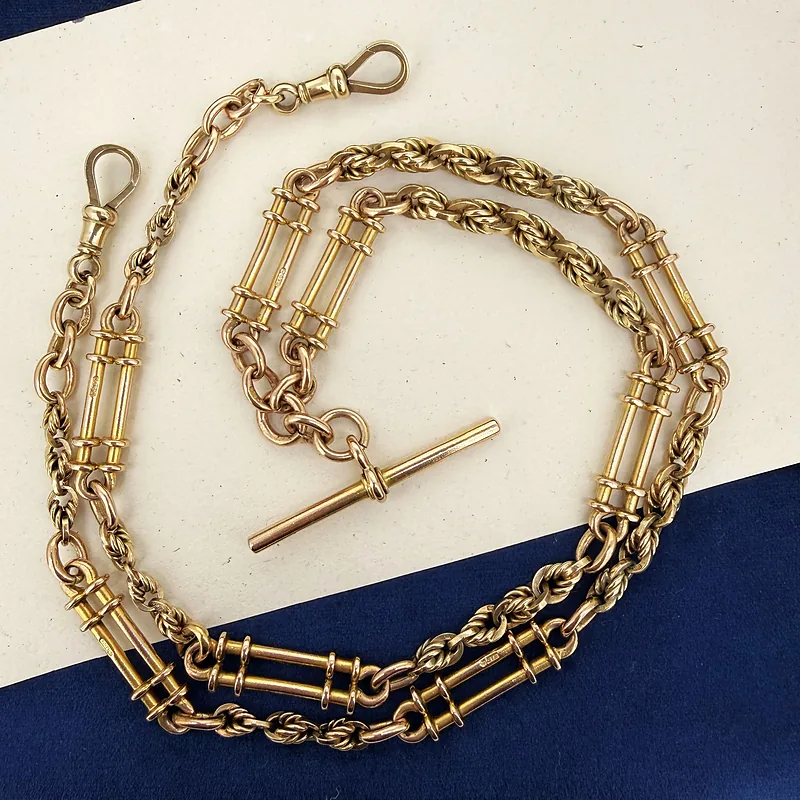 Heavy Antique 9ct Yellow Gold Rope and Bar Link Albert Chain — image 2