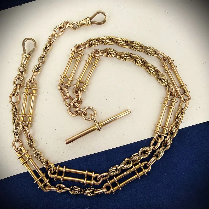 Heavy Antique 9ct Yellow Gold Rope and Bar Link Albert Chain