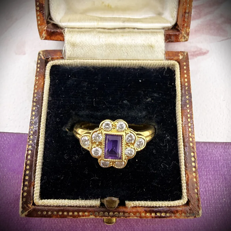 18ct Yellow Gold Art Deco-Inspired Amethyst & Diamond Ring, London 1995