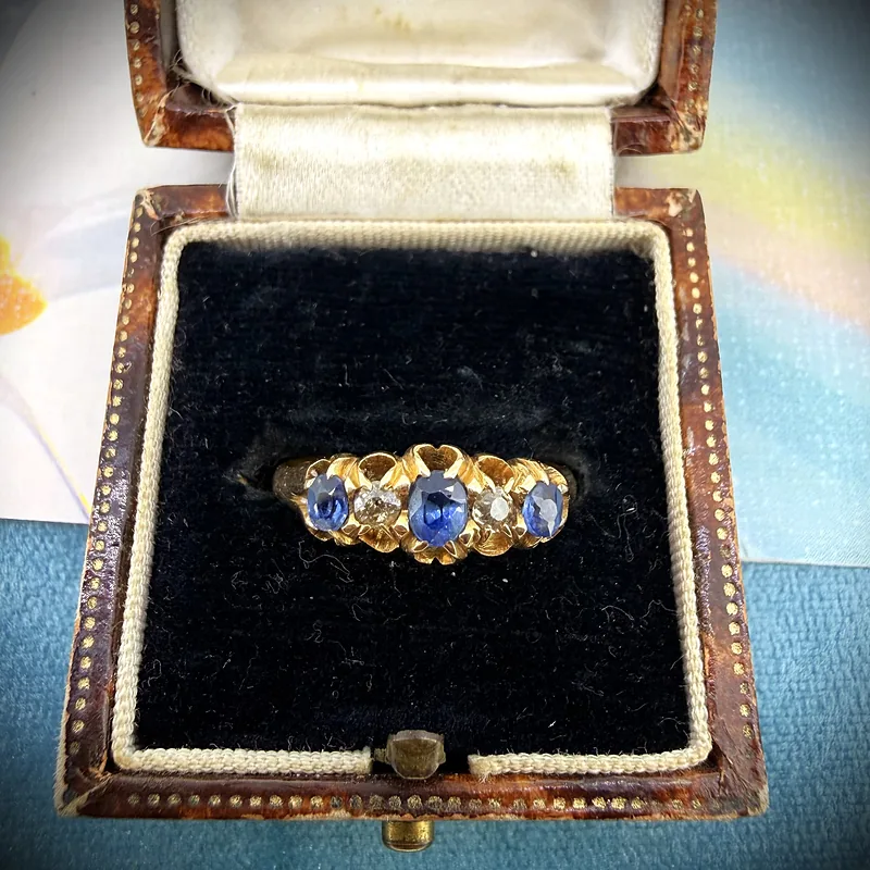 Antique 18ct Yellow Gold Sapphire & Diamond Ring, Chester 1900