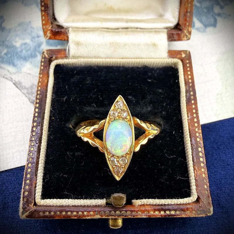 Antique 18ct Gold Opal & Diamond Navette Ring