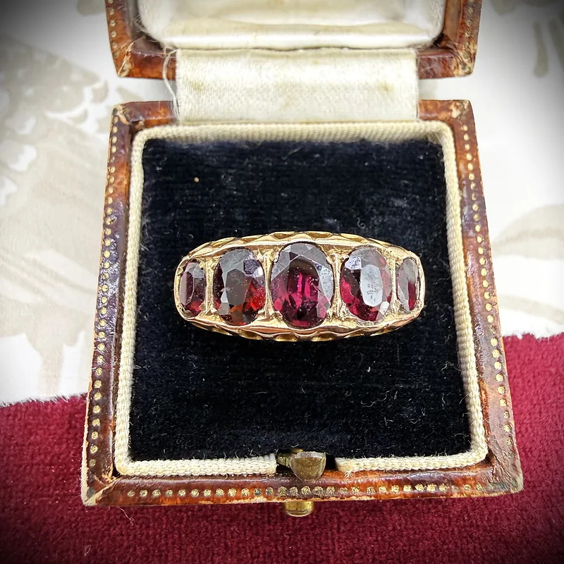 Antique Edwardian 9ct Rose Gold Five Stone Garnet Ring, Chester 1916