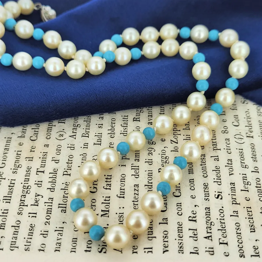 A Beautiful Vintage White Pearl and Turquoise Necklace  — image 2