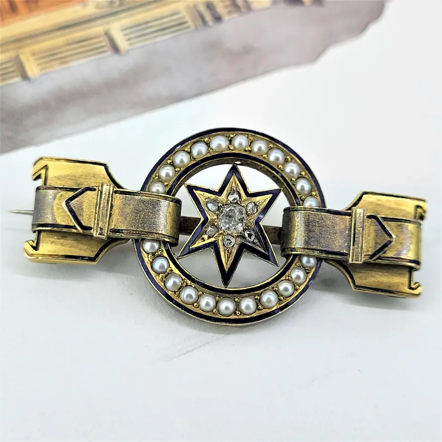 Victorian Diamond, Seed Pearl &amp; Enamel Brooch — image 2