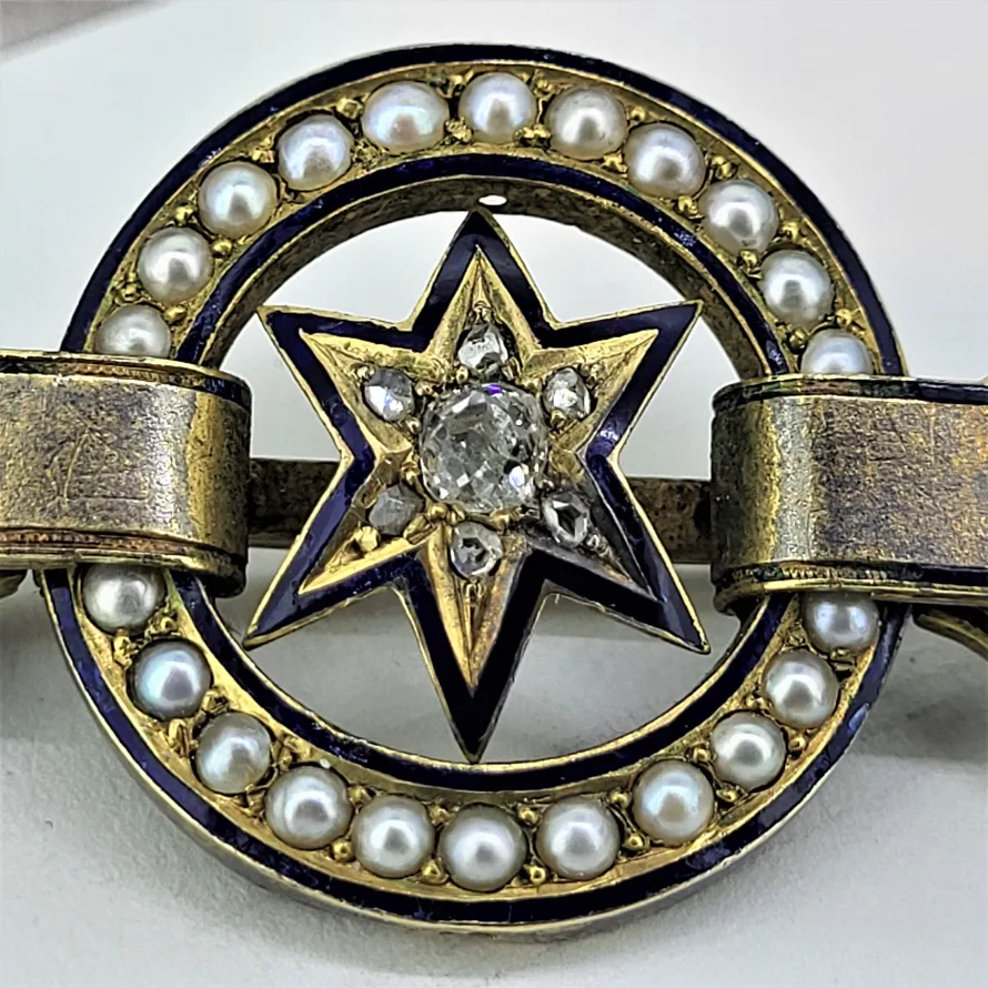 Victorian Diamond, Seed Pearl &amp; Enamel Brooch — image 3
