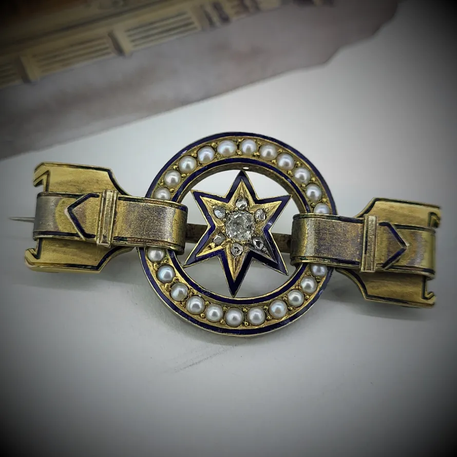 Victorian Diamond, Seed Pearl &amp; Enamel Brooch
