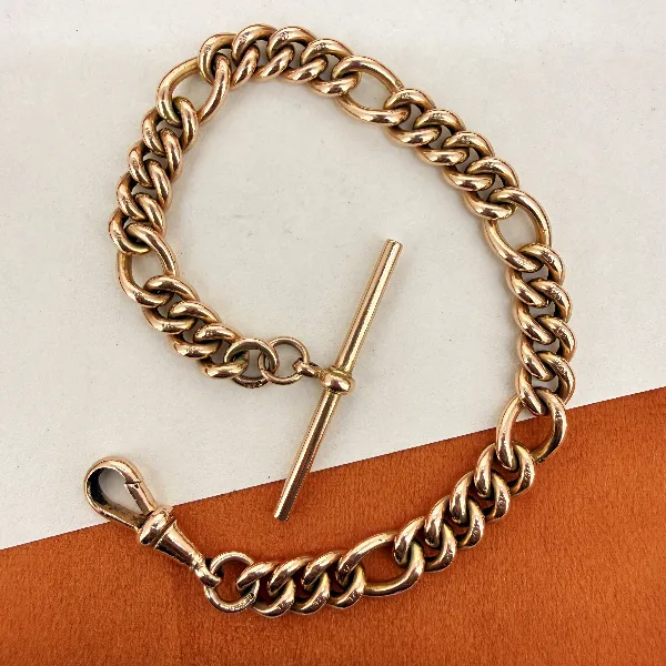 Birmingham 1992! Vintage 9ct Rose Gold Figaro Albert Bracelet with T-Bar — image 2