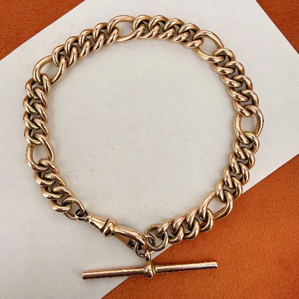 Birmingham 1992! Vintage 9ct Rose Gold Figaro Albert Bracelet with T-Bar — image 3