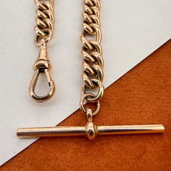 Birmingham 1992! Vintage 9ct Rose Gold Figaro Albert Bracelet with T-Bar — image 5