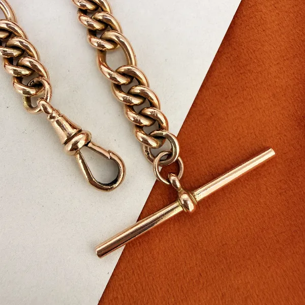 Birmingham 1992! Vintage 9ct Rose Gold Figaro Albert Bracelet with T-Bar — image 6