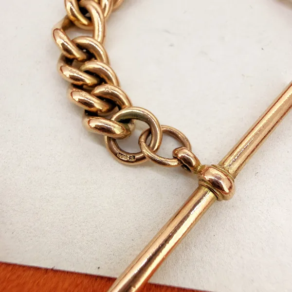 Birmingham 1992! Vintage 9ct Rose Gold Figaro Albert Bracelet with T-Bar — image 7