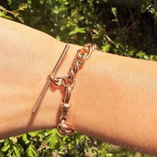 Birmingham 1992! Vintage 9ct Rose Gold Figaro Albert Bracelet with T-Bar — image 10