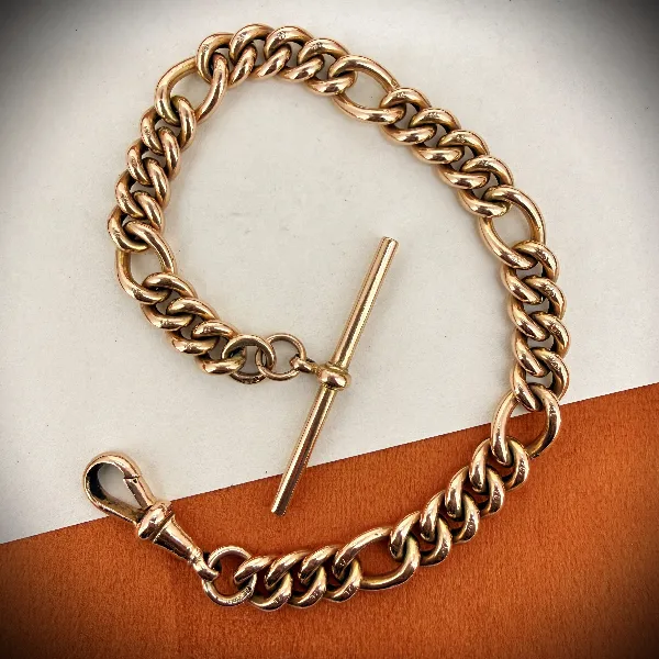 Birmingham 1992! Vintage 9ct Rose Gold Figaro Albert Bracelet with T-Bar