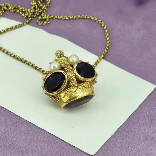 18ct Gold Etruscan Amethyst and Pearl Crown Fob Charm Pendant — image 11