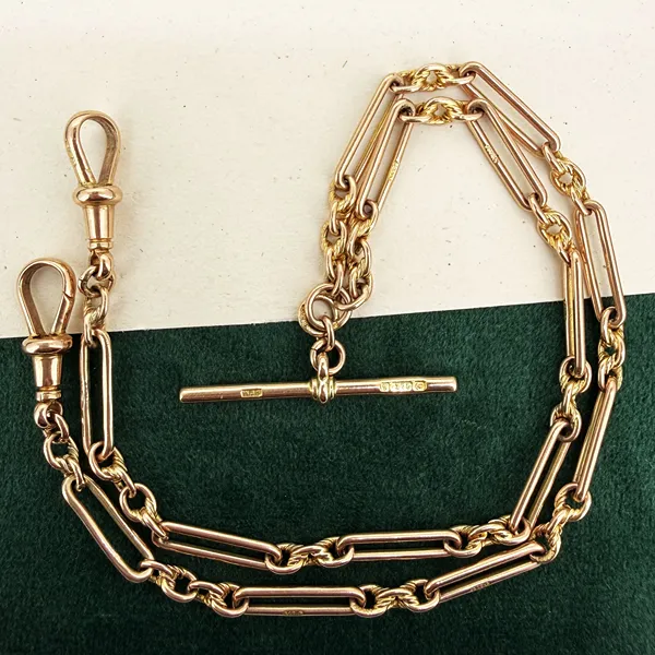 Antique 9ct Rose Gold Trombone Link Albert Chain — image 2