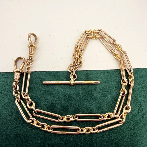 Antique 9ct Rose Gold Trombone Link Albert Chain — image 3
