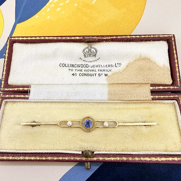 Antique 18ct Gold Sapphire & Seed Pearl Bar Brooch — image 2