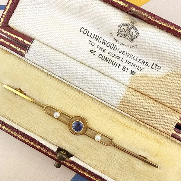 Antique 18ct Gold Sapphire & Seed Pearl Bar Brooch — image 3