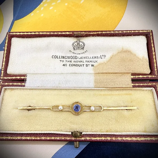 Antique 18ct Gold Sapphire & Seed Pearl Bar Brooch
