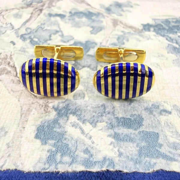 Sheffield 1992! Vintage 18ct Yellow Gold Blue Enamelled Cufflinks — image 2