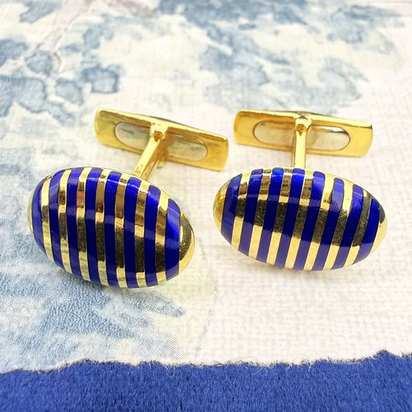 Sheffield 1992! Vintage 18ct Yellow Gold Blue Enamelled Cufflinks — image 3