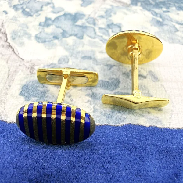 Sheffield 1992! Vintage 18ct Yellow Gold Blue Enamelled Cufflinks — image 4