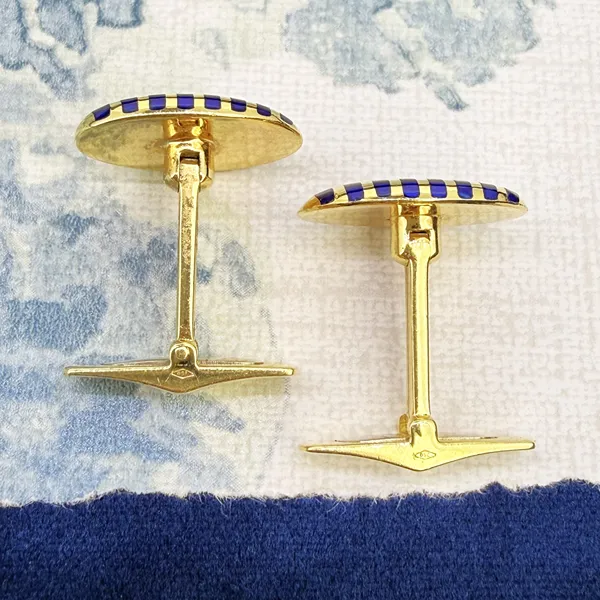 Sheffield 1992! Vintage 18ct Yellow Gold Blue Enamelled Cufflinks — image 6
