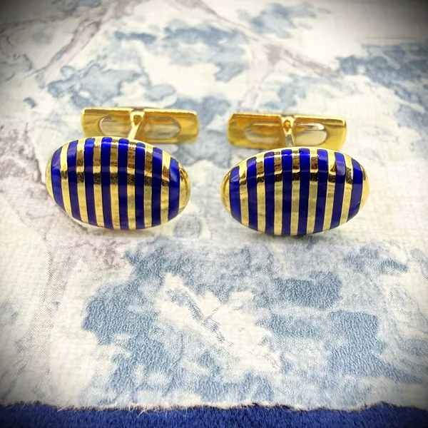 Sheffield 1992! Vintage 18ct Yellow Gold Blue Enamelled Cufflinks