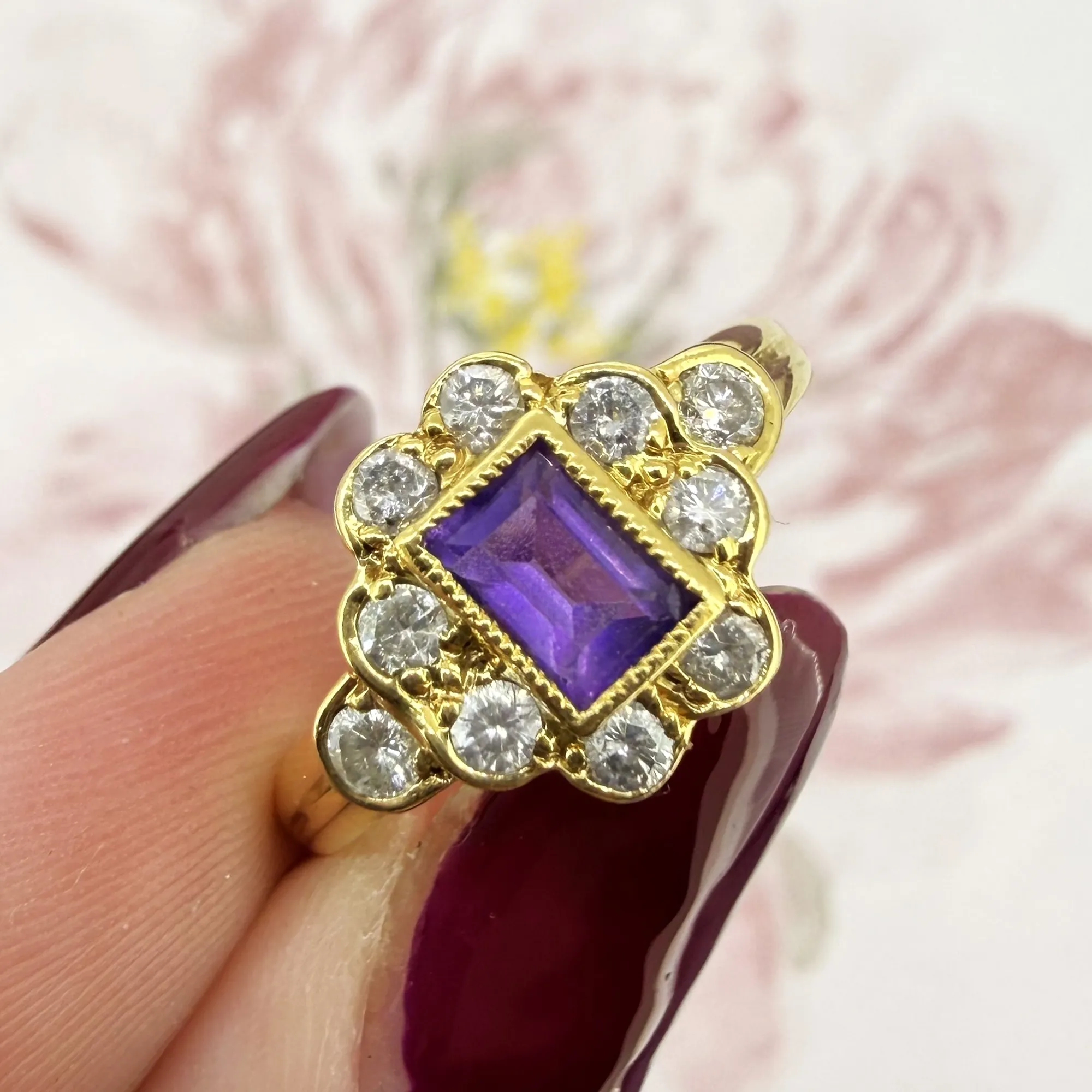 18ct Yellow Gold Art Deco-Inspired Amethyst & Diamond Ring, London 1995 — image 5