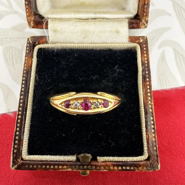 Chester 1906! Edwardian 18ct Gold Ruby & Diamond Boat Ring — image 2