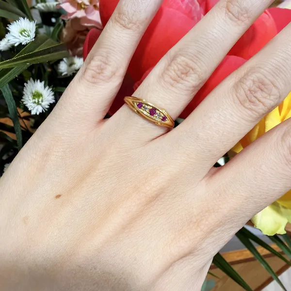 Chester 1906! Edwardian 18ct Gold Ruby & Diamond Boat Ring — image 11