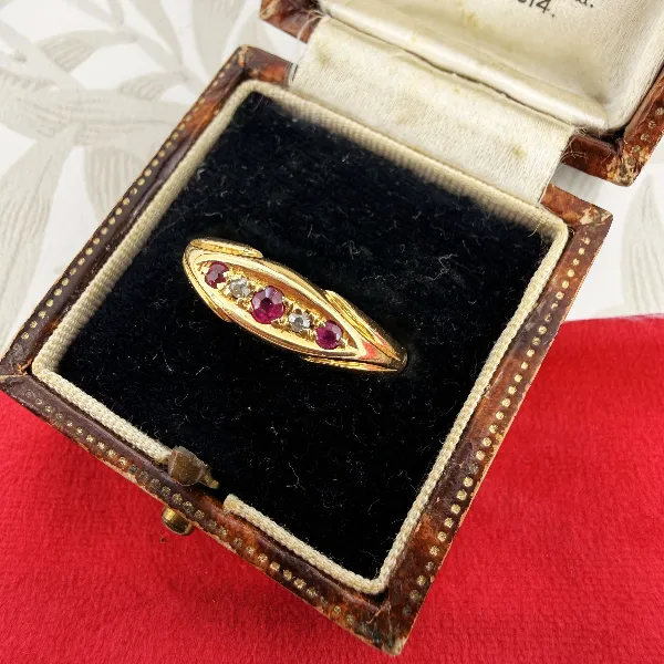 Chester 1906! Edwardian 18ct Gold Ruby & Diamond Boat Ring — image 3