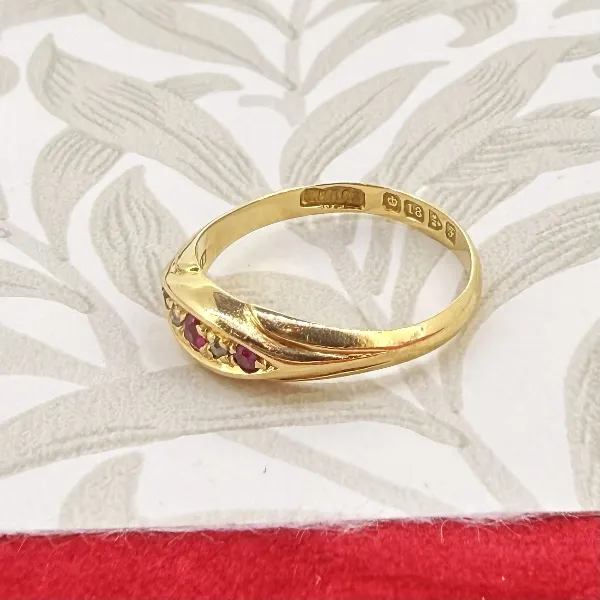 Chester 1906! Edwardian 18ct Gold Ruby & Diamond Boat Ring — image 6