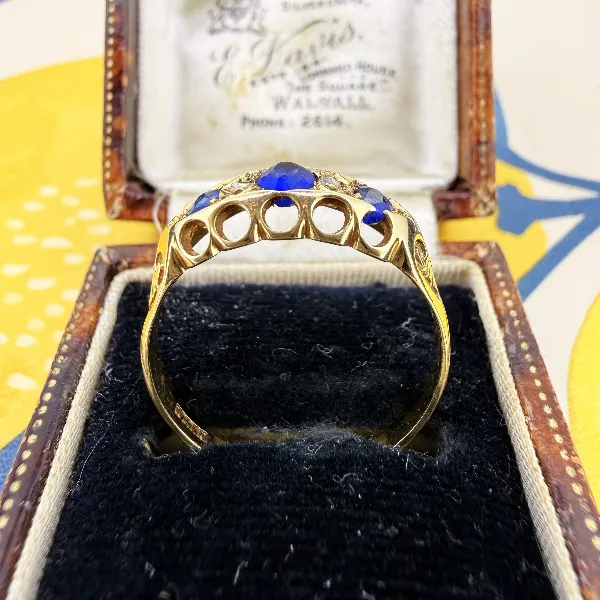 Birmingham 1915! Antique Edwardian 18ct Gold Sapphire & Diamond Boat Ring — image 9