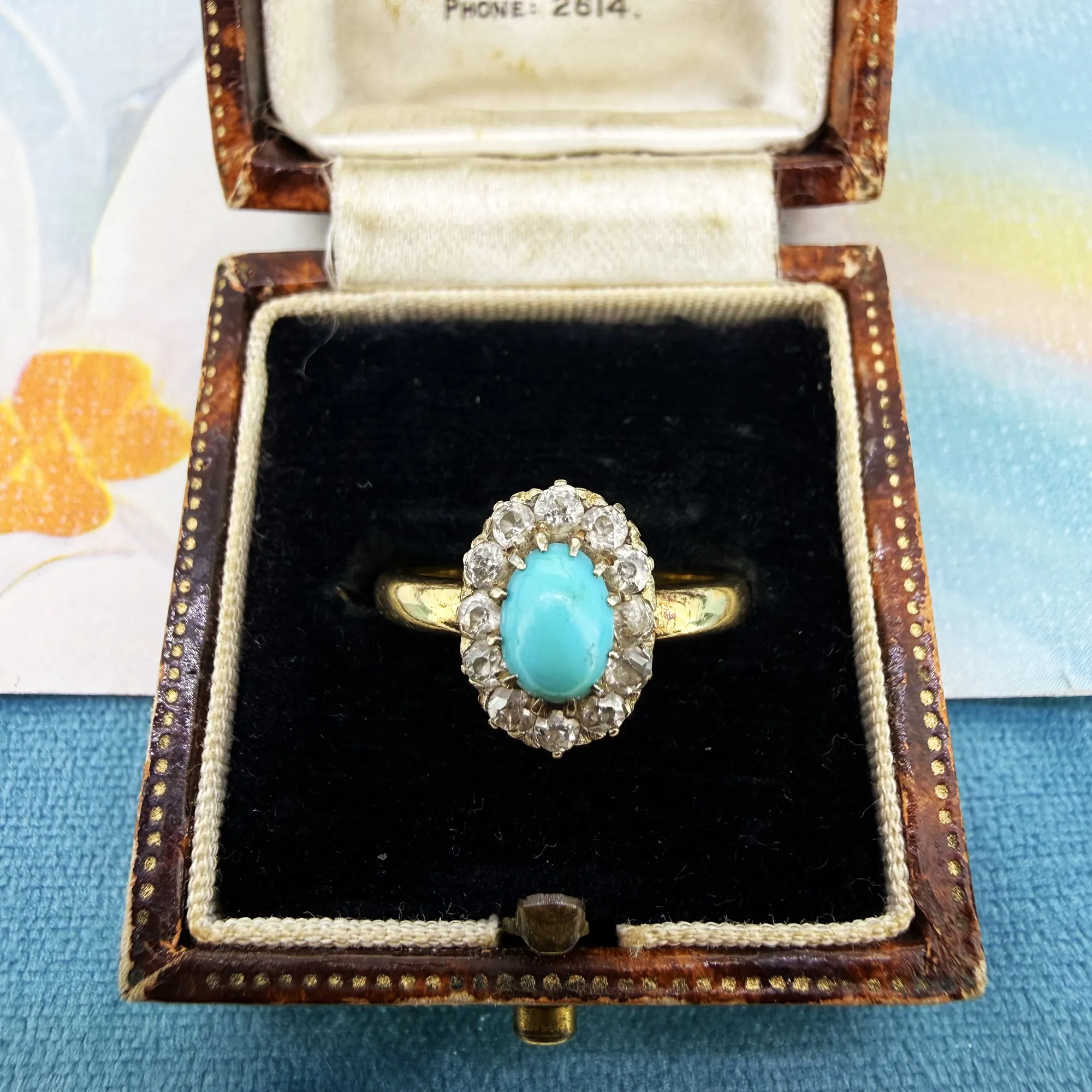 Antique 18ct Yellow Gold Turquoise and Diamond Cluster Ring — image 2