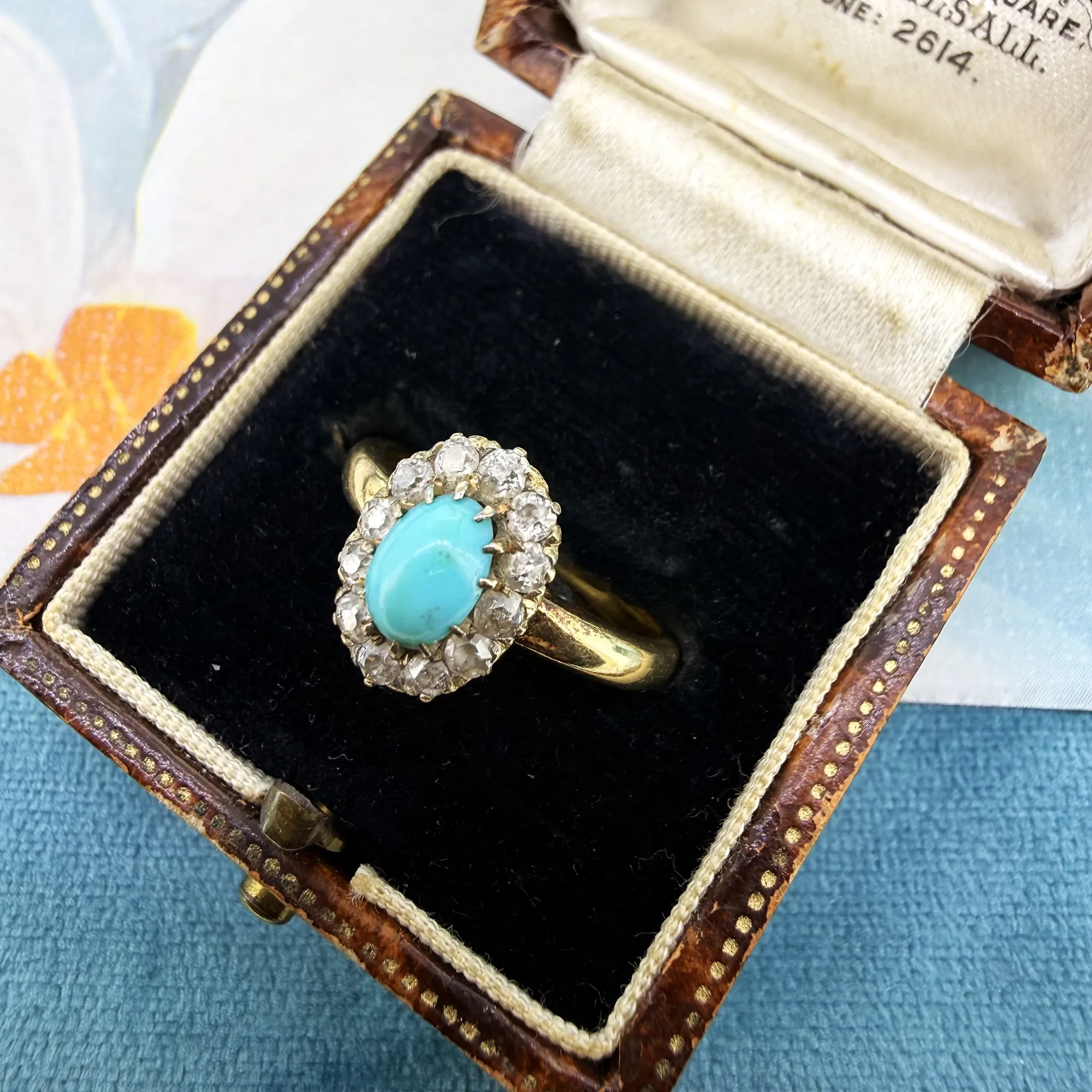 Antique 18ct Yellow Gold Turquoise and Diamond Cluster Ring — image 3