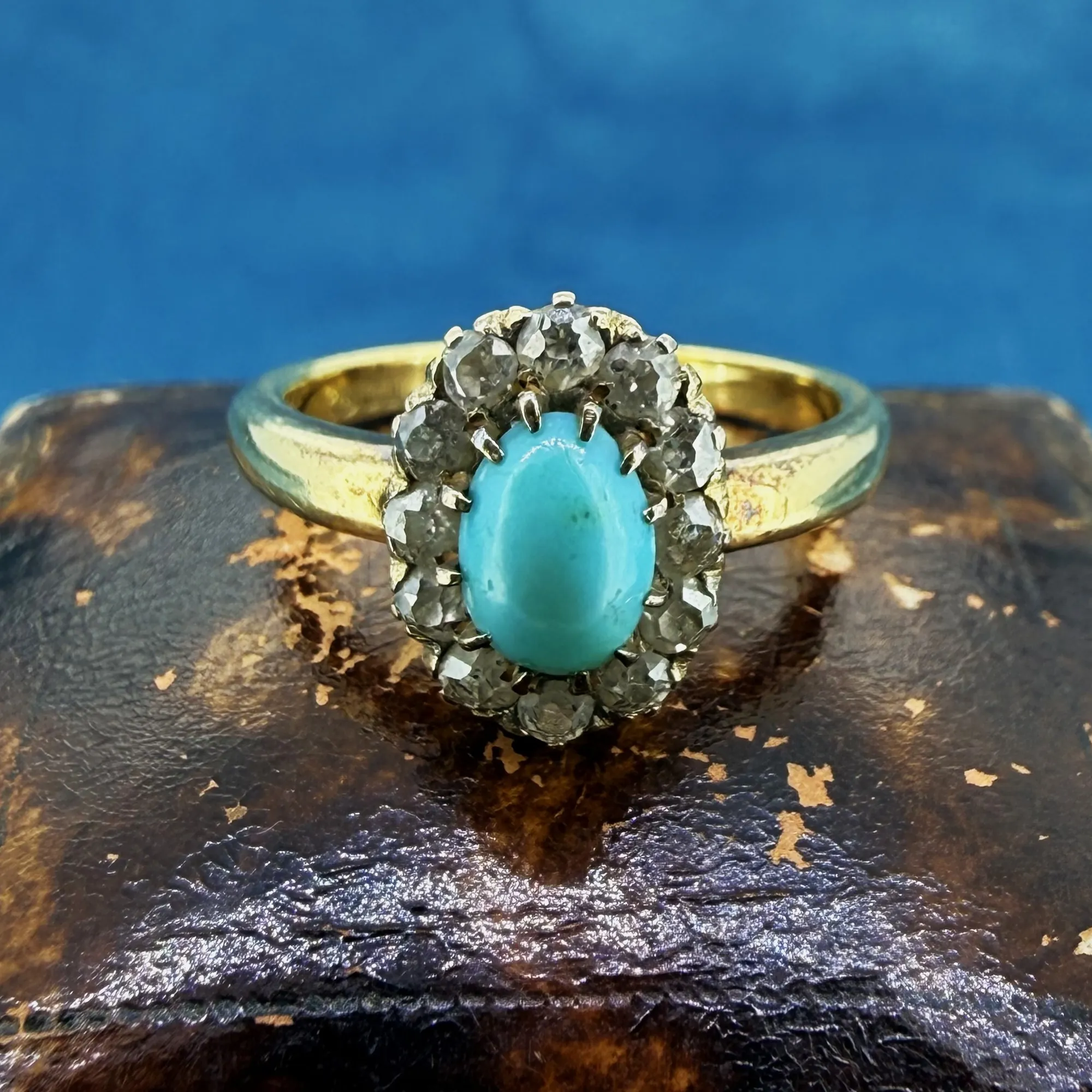 Antique 18ct Yellow Gold Turquoise and Diamond Cluster Ring — image 4