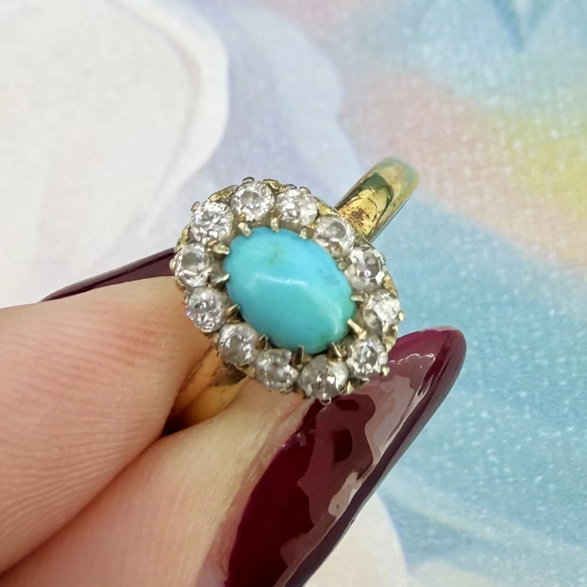 Antique 18ct Yellow Gold Turquoise and Diamond Cluster Ring — image 5