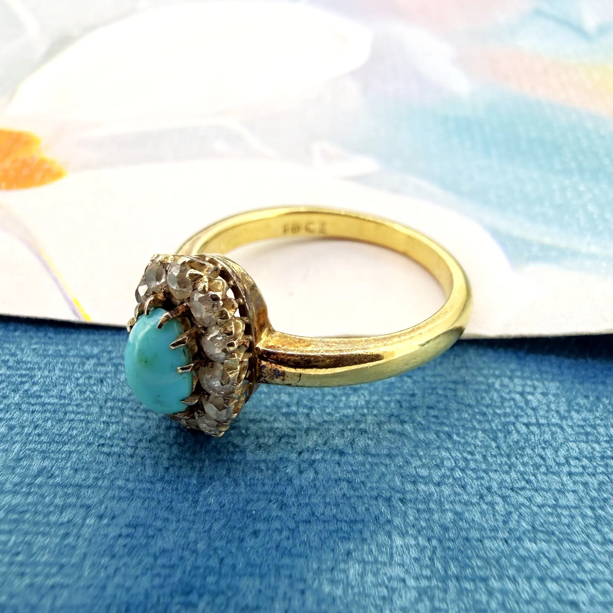 Antique 18ct Yellow Gold Turquoise and Diamond Cluster Ring — image 6