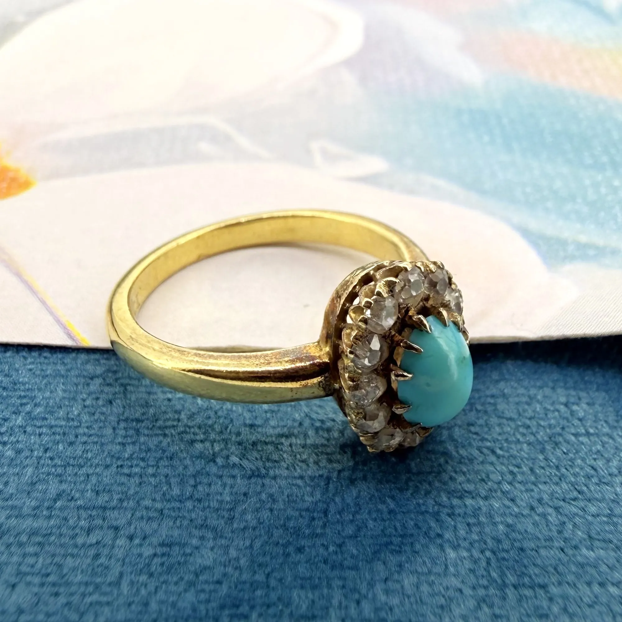 Antique 18ct Yellow Gold Turquoise and Diamond Cluster Ring — image 7