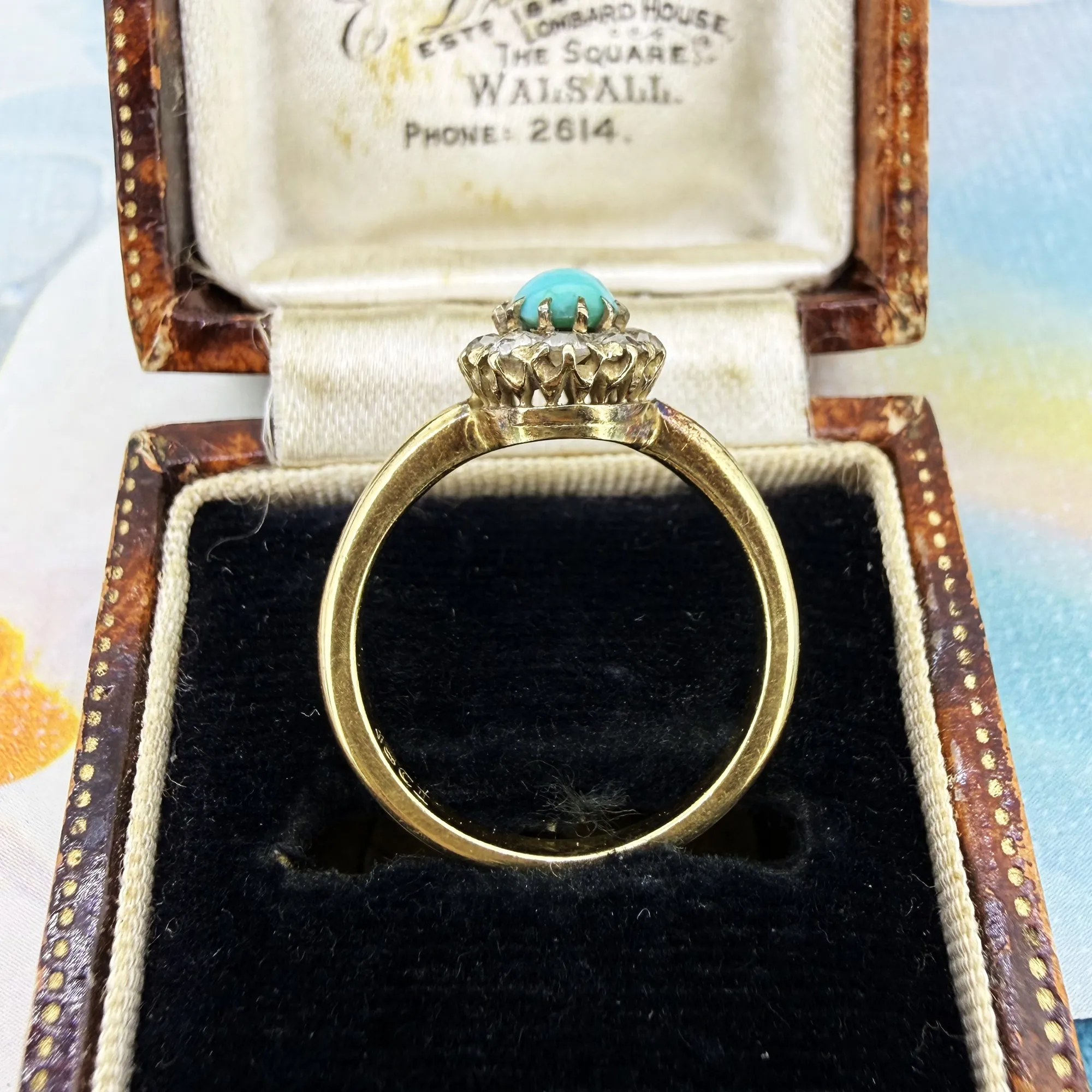 Antique 18ct Yellow Gold Turquoise and Diamond Cluster Ring — image 9