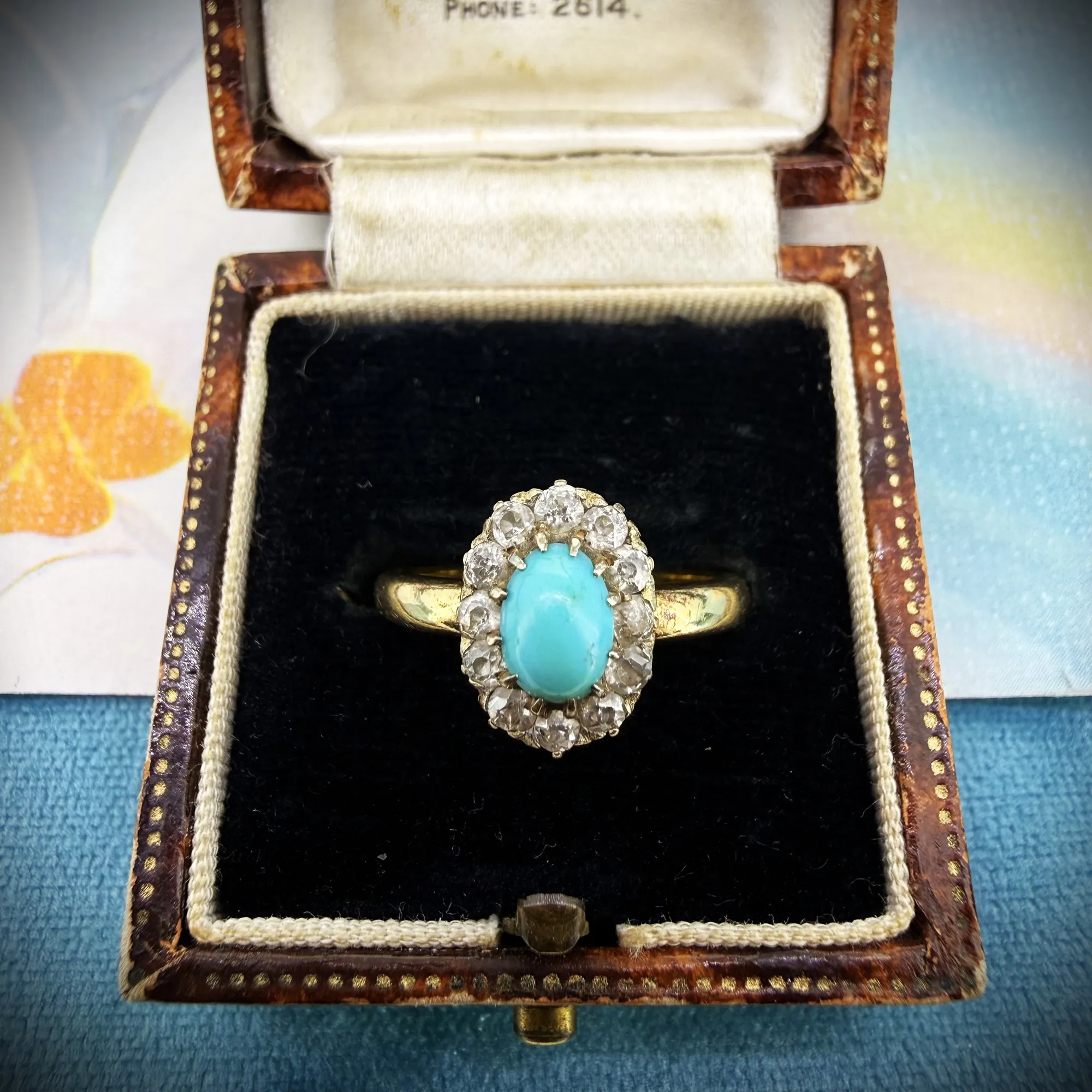 Antique 18ct Yellow Gold Turquoise and Diamond Cluster Ring