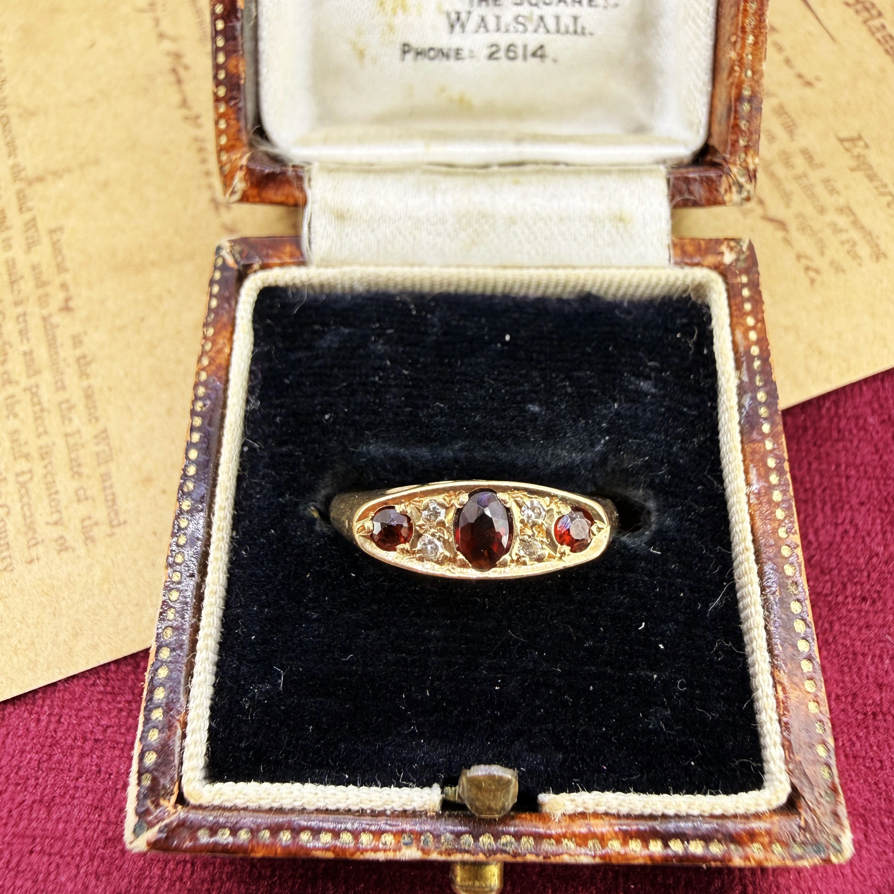 Birmingham 1992! Vintage 9ct Yellow Gold Garnet and Diamond Ring — image 2