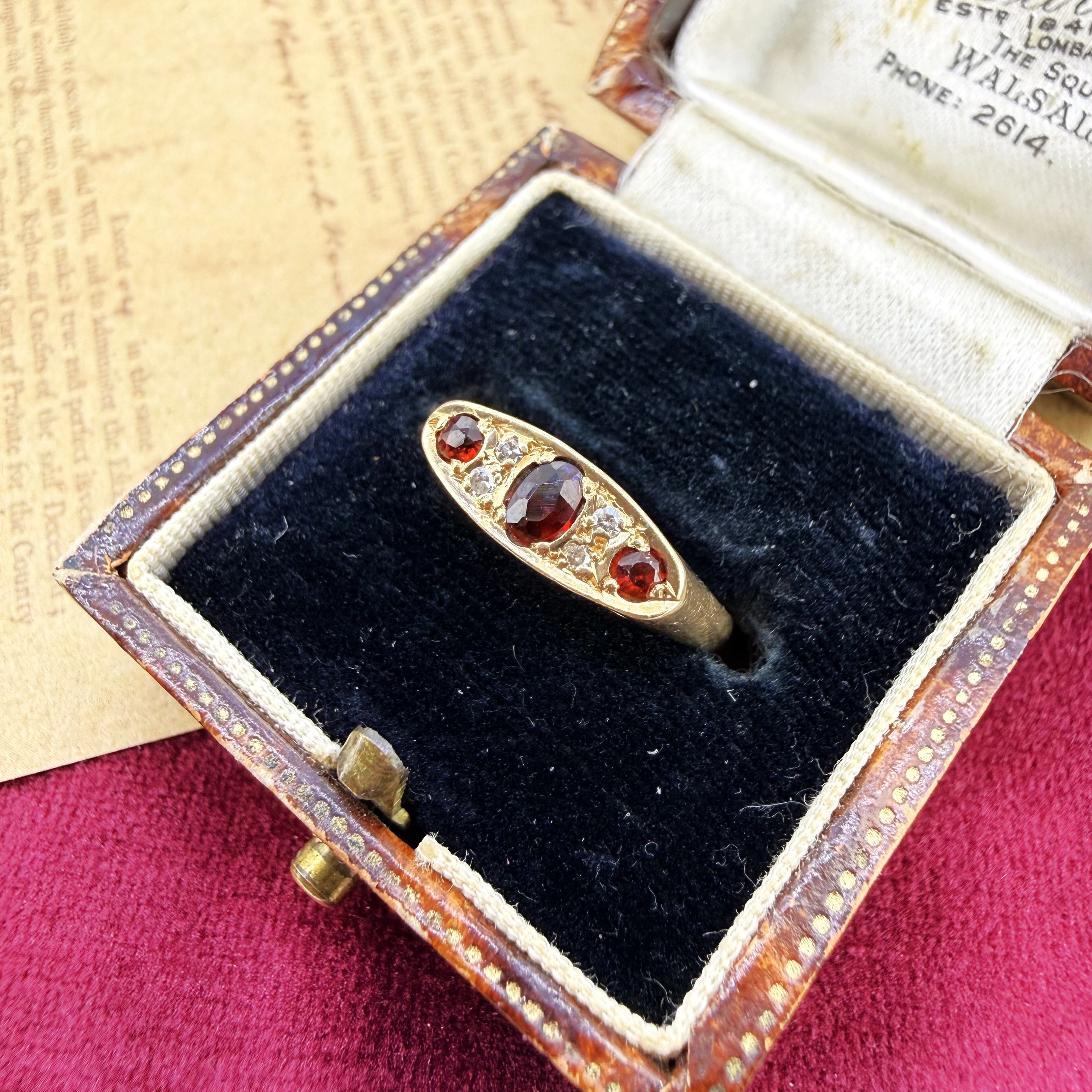 Birmingham 1992! Vintage 9ct Yellow Gold Garnet and Diamond Ring — image 3