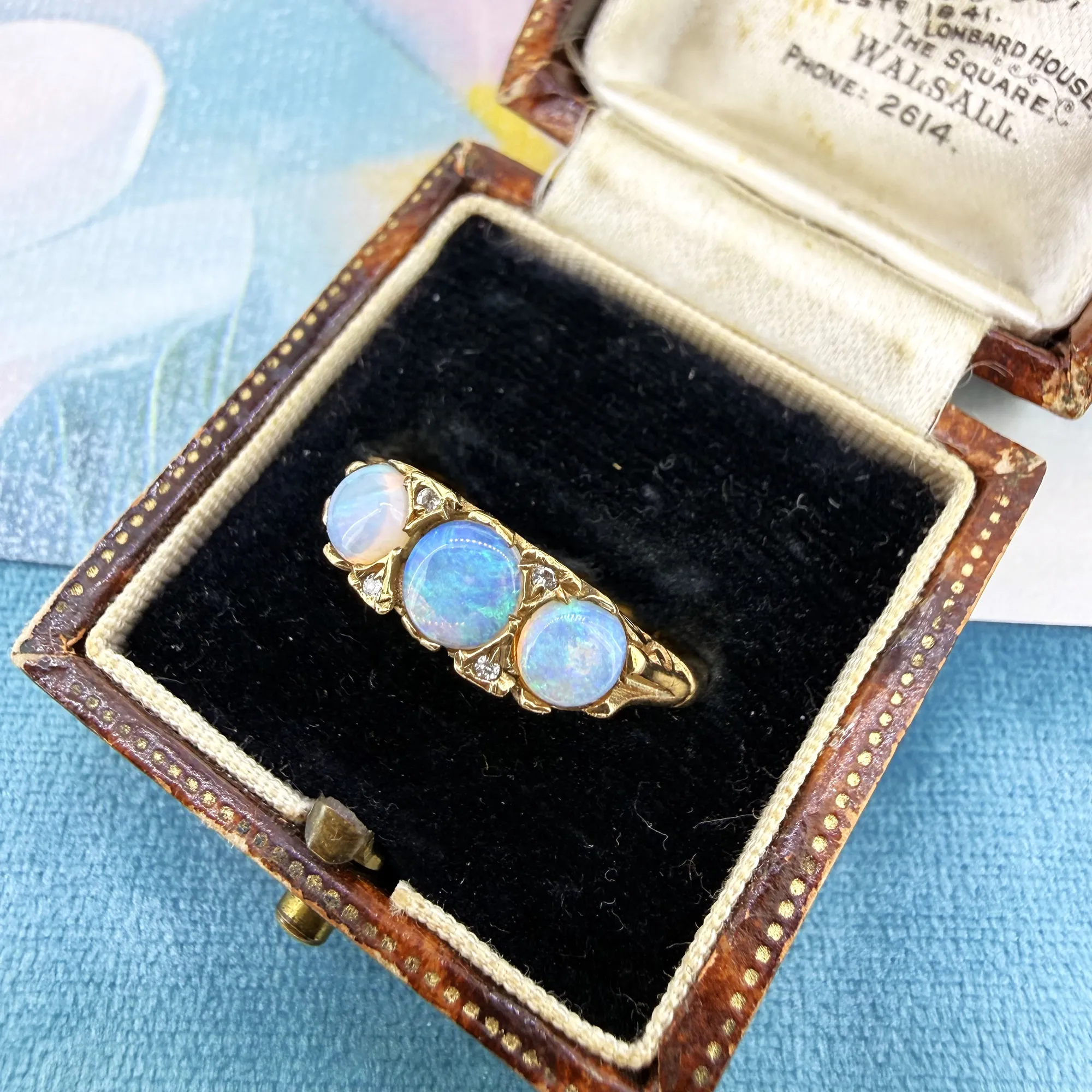 Vintage 9ct Yellow Gold Opal & Diamond Boat Ring, London 1984 — image 3